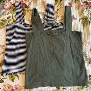 LOFT Olive Green Tank Top with Black & White Striped Tank